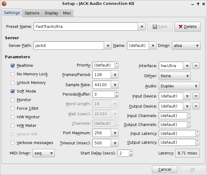 Fast Track Ultra Jack Setup. Periods/buffer: 3, Interface: hw:Ultra, Frames/period 128